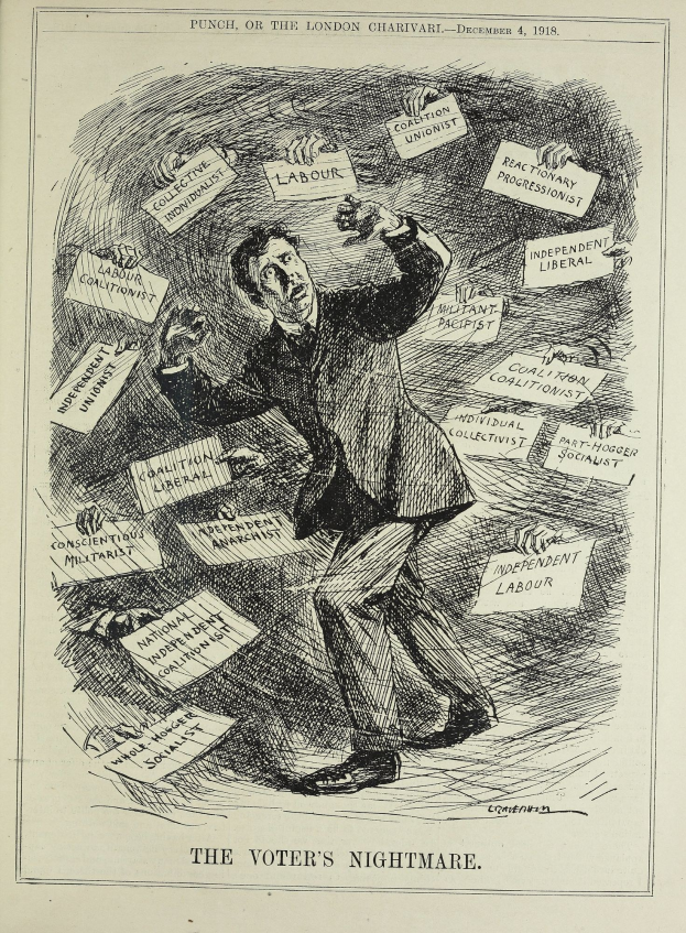 Eine Zeitung mit einer Zeichnung eines Mannes in Anzug und Krawatte, der ein Schild hält, auf dem in fetter Schrift 'Der Alptraum des Wählers' steht.
