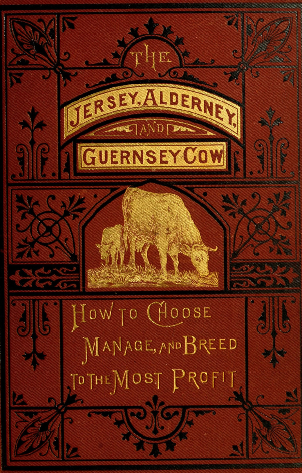 Ein Buch mit dem Titel 'Die Jersey-, Alderney- und Guernsey-Kuh: Wie man auswählt, verwaltet und züchtet, um den größten Profit zu erzielen' mit einem Bild einer Kuh auf dem Cover.