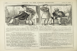 Ein altes Buchcover mit einem Mann in einem Anzug, der in einem Stuhl sitzt und nachdenklich schaut, und einer Frau, die neben ihm steht und nachdenklich in die Ferne schaut, mit der Aufschrift "Die Macht der öffentlichen Meinung" auf dem Umschlag.