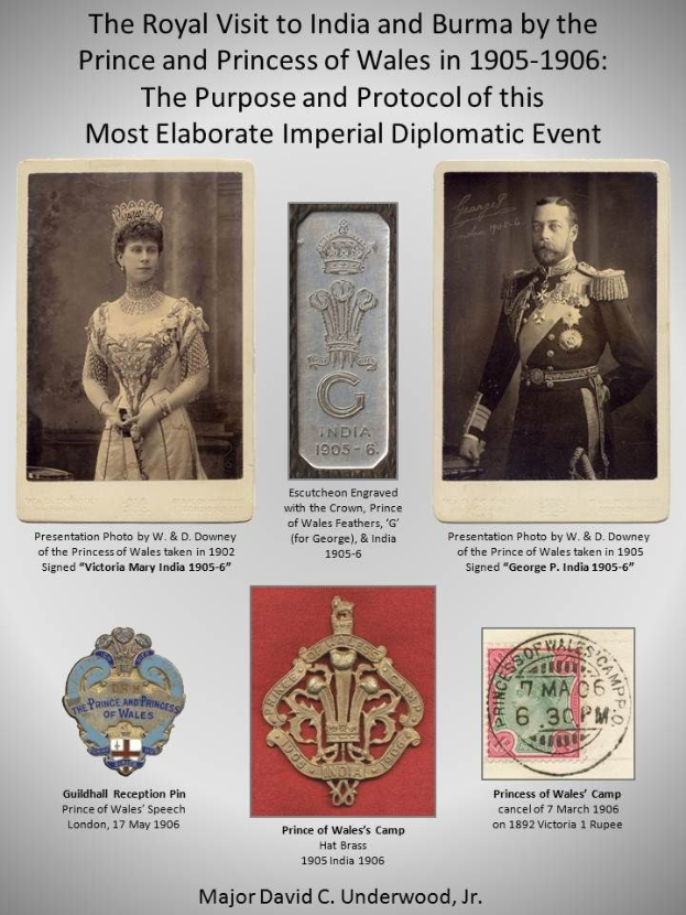 Ein Plakat aus 1905-1906, das den Prinzen und die Prinzessin von Wales während ihres royalen Besuchs in Indien und Burma zeigt, mit Bildern der Royals, Logos und Texten über den Zweck und das Protokoll des Ereignisses.