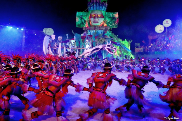 Eine Gruppe von Menschen in bunten Kostümen tanzt auf einer Bühne während des Karnevals in Rio de Janeiro 2014, vor einem Publikum sitzend und einem Bildschirm im Hintergrund.