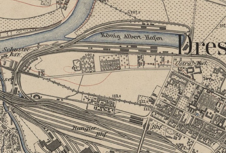 Ein altes Stadtplan von Dresden, Deutschland, das einen Fluss, Gebäude, Straßen und Text zeigt und einen detaillierten Überblick über die Stadt bietet.