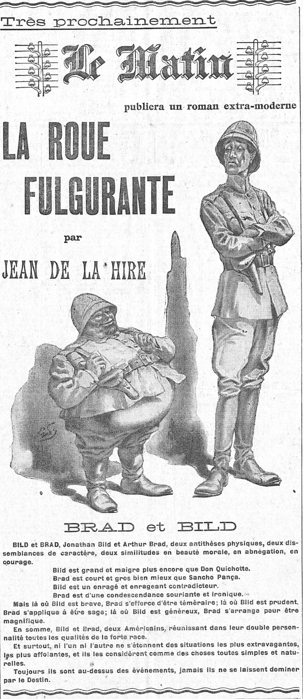 Old newspaper advertisement featuring two men in military attire holding guns, with one in a helmet and long coat, and the other holding a rifle.