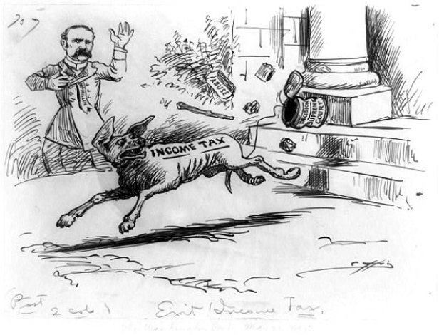 Cartoon-Illustration eines Mannes, der vor einem Hund flieht, der mit 'Einkommensteuer' beschriftet ist, mit verstreuten Gegenständen im Hintergrund.