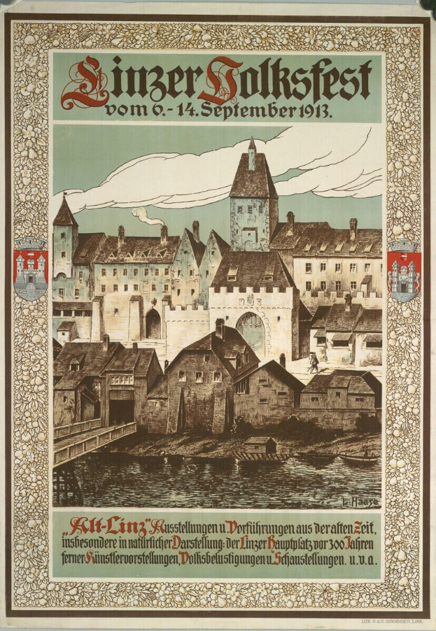 Altes Plakat für ein Festival in Deutschland, das eine Illustration einer Burg mit umliegenden H├Ąusern und Text mit Festivaldetails zeigt.