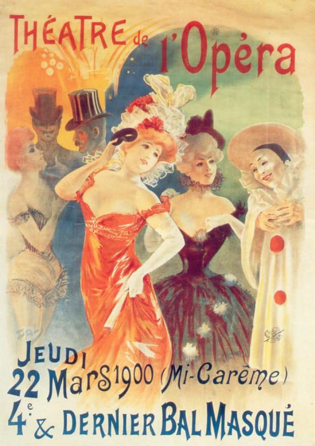 Ein Plakat, das das Théâtre de l'Opéra in Paris ankündigt, zeigt eine Gruppe von Menschen in bunten Kostümen und auffälliger Schrift, die wahrscheinlich eine Opernaufführung ankündigt.