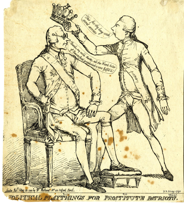 Ein Mann sitzt auf einem Stuhl mit einer Krone auf dem Kopf, neben ihm steht eine andere Person, und unten steht Text, der besagt: "Politische Spielzeuge für Prostituierte Patrioten".