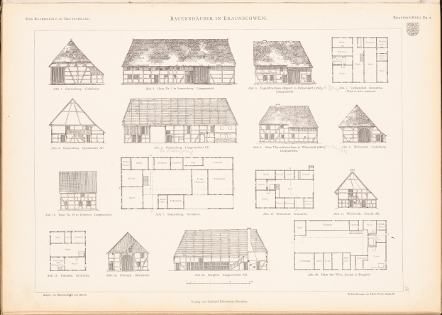 Ein aufgeschlagenes altes Buch mit detaillierten Architekturplänen und Zeichnungen verschiedener Hausentwürfe auf einer Seite, begleitet von erklärendem Text.