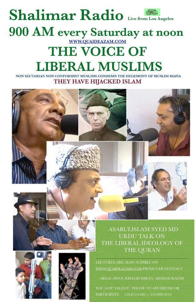 Plakat, das die Radioshow "Die Stimme der liberalen Muslime" ankündigt, mit Bildern von Menschen mit Kopfhörern und Mikrofonen in einem Gespräch.