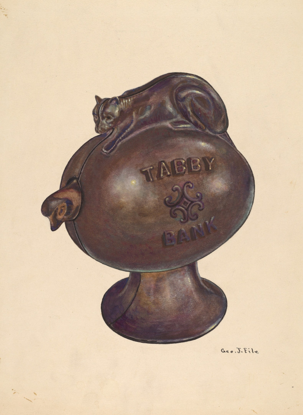 Eine Zeichnung einer getigerten Katze, die auf einer Bank mit der Aufschrift 'Tabby Bank' sitzt, mit zusätzlichem Text unten.