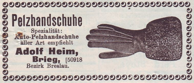 Eine alte deutsche Visitenkarte mit einem Handschuhpaar und Text, der den Inhalt der Karte beschreibt.