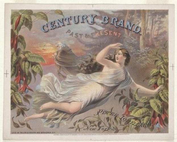 Eine Frau in einem weißen Kleid fliegt durch die Luft umgeben von Blättern und Blumen, mit dem Text "Century Brand Past & Present" oben.