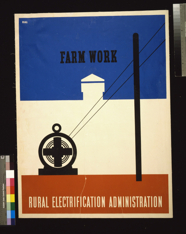 Plakat mit fetter schwarzer Schrift "Landwirtschaftliche Arbeit Stromversorgung" auf weißem Hintergrund, umrandet von einem schmalen schwarzen Rand, mit einer Grafik eines Hofes mit einem Traktor und einem Stall.