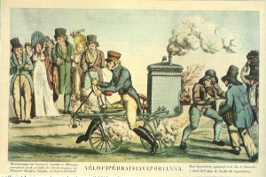 Eine Gruppe von Menschen, ein Fahrzeug und Rauch sind auf einem Blatt Papier mit Text unten abgebildet.