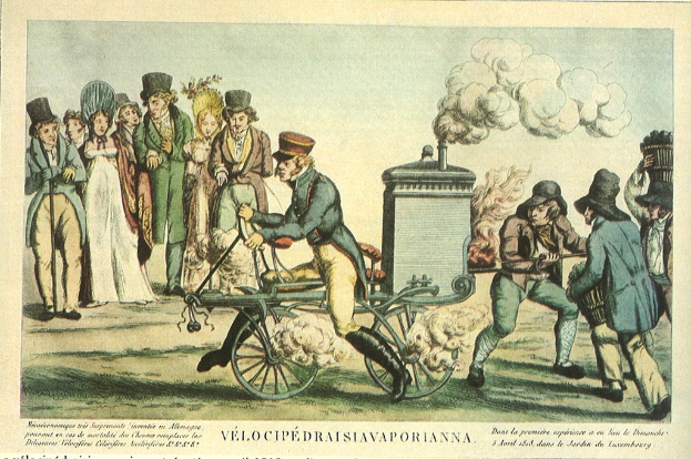 Eine Gruppe von Menschen, ein Fahrzeug und Rauch sind auf einem Blatt Papier mit Text unten abgebildet.