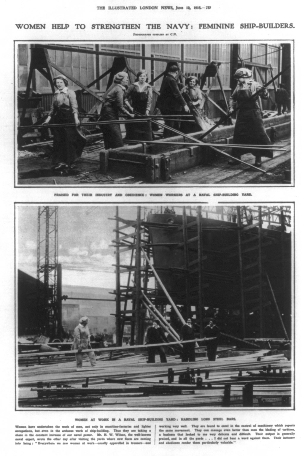 Schwarzes und weißes Foto von Frauen, die Metallschiffsbauteile zusammenbauen, mit Text oben und unten, der lautet "Frauen stärken die Marine Feminine Schiffbauer".