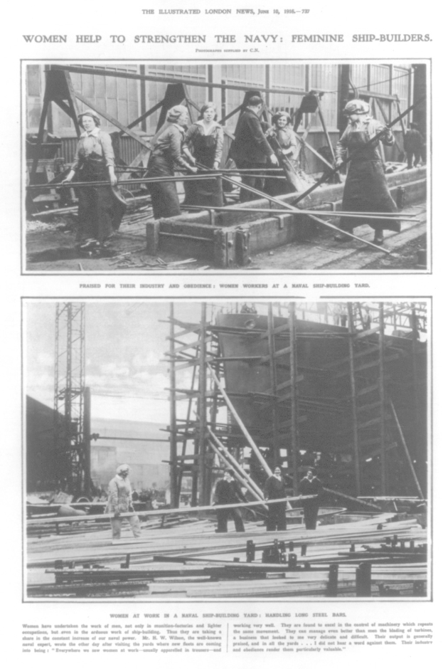 Schwarzes und weißes Foto von Frauen, die Metallschiffsbauteile zusammenbauen, mit Text oben und unten, der lautet "Frauen stärken die Marine Feminine Schiffbauer".