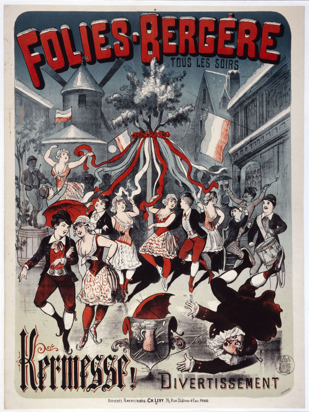 Plakat für das Folies-Bergère-Festival in Paris mit tanzenden Figuren im Vordergrund und Gebäuden, Flaggen und einem Baum im Hintergrund sowie französischer Schrift oben und unten.