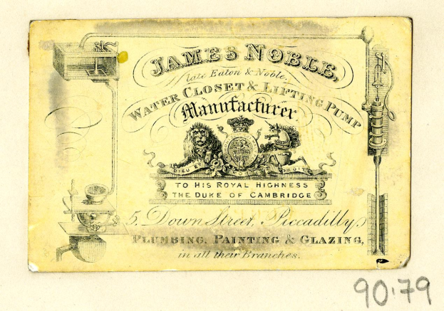 Alte Visitenkarte für James Noble Water Closet & Lifting Pump Manufacturer mit Textbeschreibung des Produkts und seiner Funktionen.