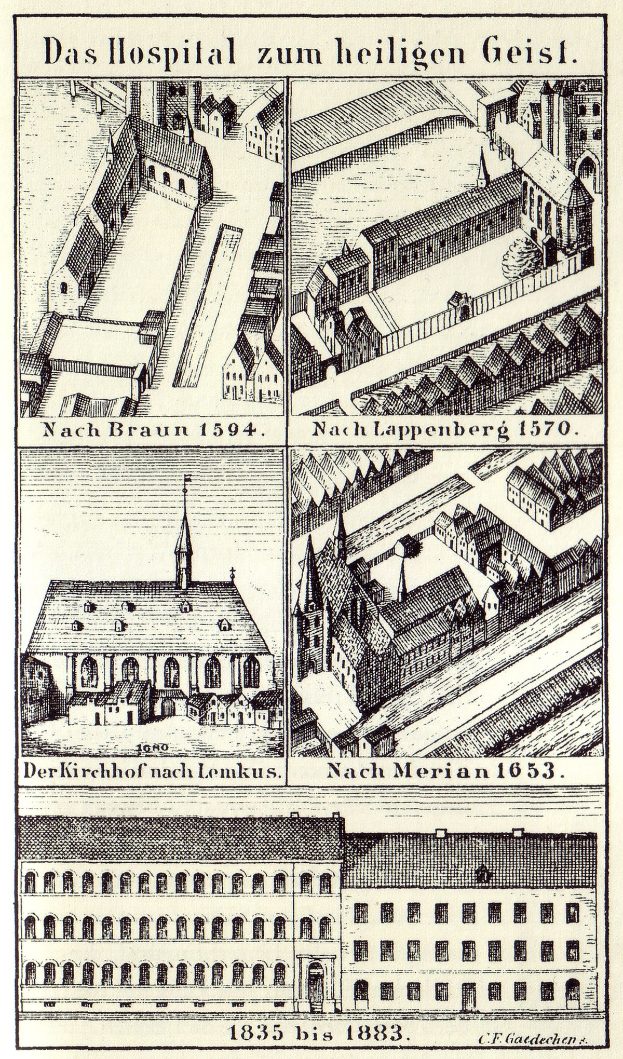 Detailreiche Abbildung eines deutschen Krankenhausgebäudes auf einem Plakat, einschließlich Fenstern, Türen und Balkonen, begleitet von beschreibendem Text über die Einrichtung.
