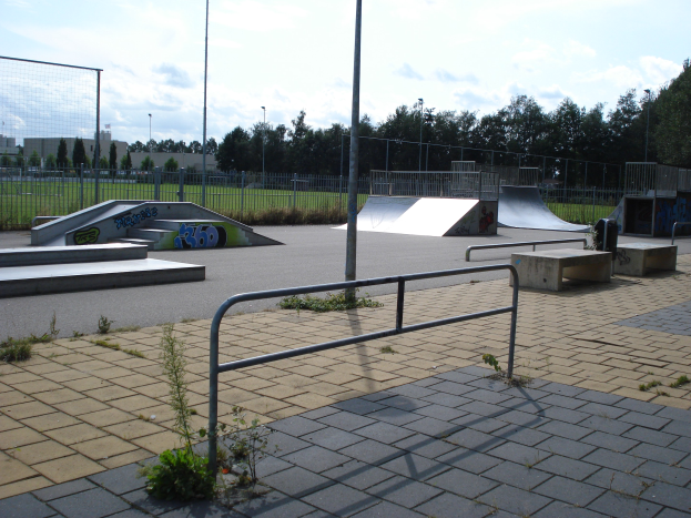 Eine Skate-Anlage mit Rampen, Geländern, Pflanzen, Gras, Pfosten, Bäumen, Gebäuden und einem bewölkten Himmel im Hintergrund.