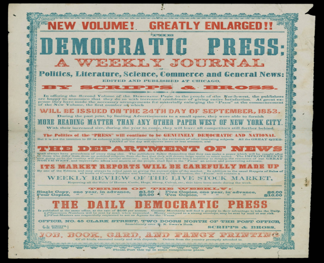 Zeitung mit dem Text 'Demokratische Presse: Eine Wochenzeitung' auf schwarzem Hintergrund.