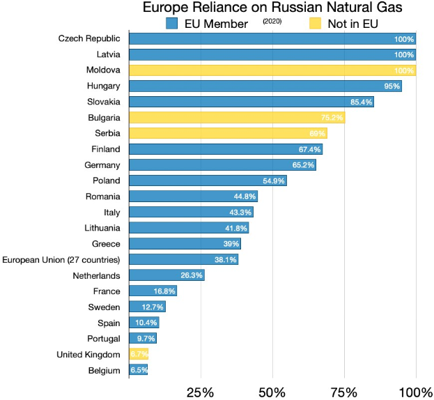 Eine Balkendiagramm, das die Abhängigkeit Europas von russischem Erdgas zeigt, mit Prozentwerten und Textangaben über Investitionsniveaus.