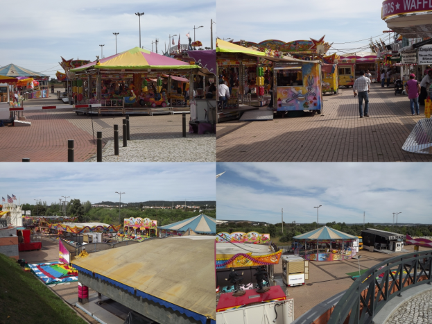 Eine lebendige Karnevalsszene mit verschiedenen Attraktionen, Buden, Menschen, Pfählen und Lichtern vor einem Hintergrund aus Bäumen und einem bewölkten Himmel, mit einem Wasserzeichen.