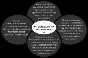 Ein Diagramm mit der Überschrift "community accountability" mit drei miteinander verbundenen Kreisen um einen zentralen Kreis, alles in hellen Farben, mit fetter Schrift, die den Begriff betont.