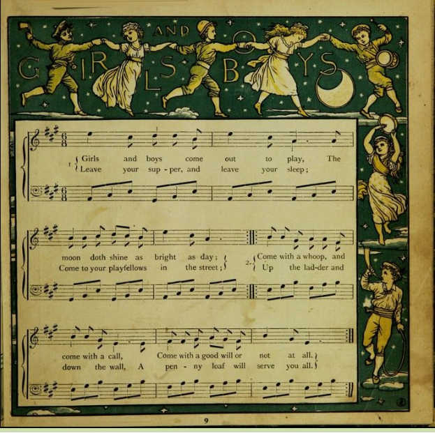 Ein Blatt mit einem Bild von Kindern, die fröhlich in bunten Kleidern tanzen, begleitet von einer Notenblättern mit dem Titel "Jungs und Mädchen".