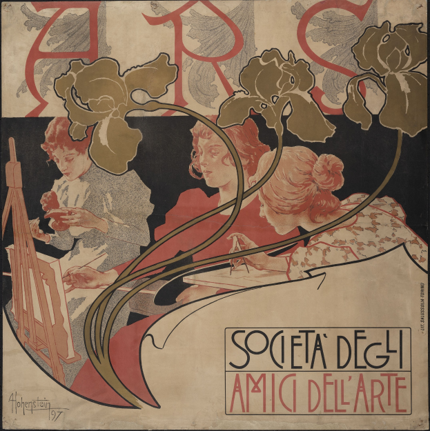 Plakat für die Gesellschaft der Kunst von Alphonse Mucha, das drei stilisierte Figuren in verschiedenen Farben auf einem hellgelben Hintergrund mit fetter schwarzer Schrift zeigt.