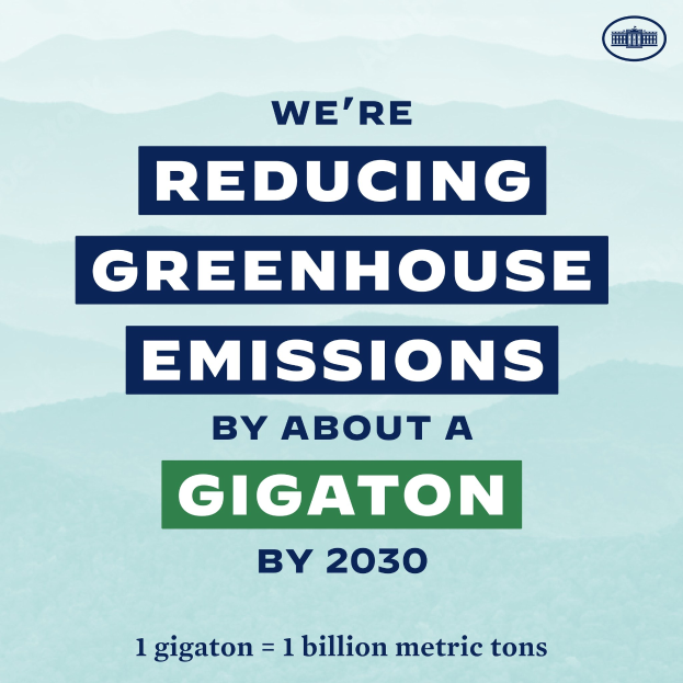 Plakat mit Text und Logo, auf dem steht: "Wir reduzieren die Treibhausgasemissionen um etwa eine Gigatonne bis 2030", und fordert eine signifikante Reduzierung der Treibhausgase bis 2030.