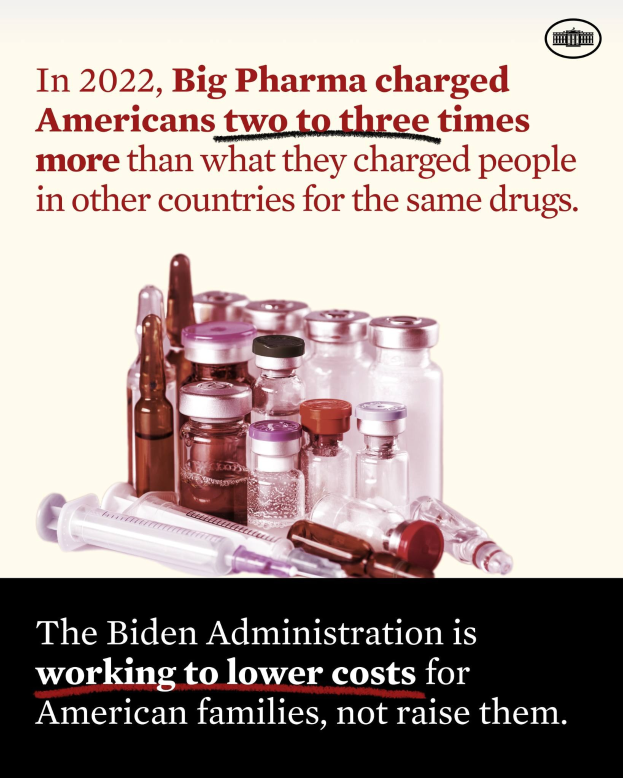 Plakat mit Text, der besagt, dass Big Pharma Amerikaner im Jahr 2022 zwei bis drei Mal so viel für dieselben Medikamente berechnet hat wie in anderen Ländern, begleitet von Flaschen und einer Spritze.